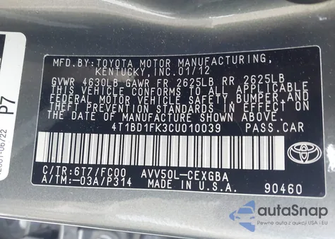 2012 Toyota Camry Hybrid Xle из США, поврежденный, VIN 4T1BD1FK3CU010039